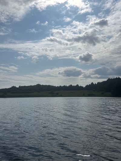 The image shows a body of water with ripples. In the background, there is a shoreline with trees and grass. The sky above is partly cloudy with patches of blue sky visible. There are no people or man-made structures visible in the image. The scene appears to be a natural landscape. The image was taken in Pozdyshki, Russia.