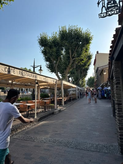 The image captures a sunlit street scene in Collioure, France. The perspective is from a person standing on a cobblestone walkway, looking down a street lined with restaurants and shops. A large tree with lush green foliage dominates the left side of the frame, its branches extending over the walkway.

On the right side of the street, an outdoor dining area of a restaurant is visible, with tables and wicker chairs set up under a beige awning. The awning displays the text "COTE RESTAURANT BAR". Further down the street, several people are walking and browsing the shops. The sky is a clear, bright blue, suggesting a warm and sunny day, likely in the late morning or early afternoon.

A decorative metal sign with the text "LEW STIERK" is visible in the upper left corner, partially obscured by the roofline of a building. The overall atmosphere appears relaxed and leisurely, characteristic of a summer day in a European coastal town. The paving stones of the walkway are a mix of rectangular dark grey stones and a decorative border of smaller, rounded pebbles.