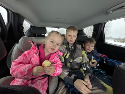 The scene takes place inside the rear passenger compartment of a vehicle, reportedly in the city of Crokhovo, Russia. Three children are seated in the back, all dressed in winter jackets. On the left, a young girl, approximately 3-5 years old, with blonde hair styled in two pigtails, sits in a child booster seat. She wears a pink patterned winter jacket and holds a partially eaten apple in both hands, looking towards the camera with a slight smile. In the center, an older boy, approximately 8-10 years old, with short blonde hair, wears a camouflage-patterned winter jacket and is secured by a seatbelt. He looks directly at the camera with a neutral expression. On the right, a younger boy, approximately 6-8 years old, with short brown hair, wears a blue and black patterned winter jacket and is also secured by a seatbelt. He holds a partially eaten apple in his right hand and looks towards the camera. The vehicle interior features grey upholstered seats and dark trim. Through the rear side windows, a snowy landscape with bare trees under an overcast sky is visible, indicating winter conditions.