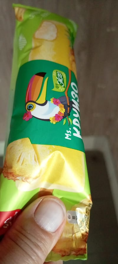 The image shows a close-up of a hand holding an ice cream bar. The ice cream bar has a green wrapper with a cartoon toucan wearing a flower lei. The toucan is perched on a branch and has a colorful beak. The wrapper also features some text in Russian, including "от 'Сказка'" (from "Skazka") and "КРУИЗО" (Kruizo). Below the toucan, the text "Ms." is visible. The ice cream itself appears to be yellow and white, possibly flavored with pineapple or banana. In the bottom right corner of the wrapper, there is a small label with "65 г" (65 g) and "80" printed on it. Further text in Russian is visible on the wrapper, which is partially obscured by the hand. The background is out of focus, showing a plain wall. The lighting suggests it is indoors during the daytime. The image captures a casual moment of someone holding a treat.