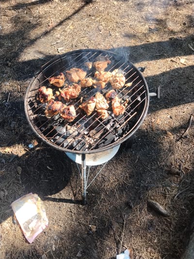 This image captures an outdoor scene of a barbecue in progress on what appears to be a sandy or dirt ground covered with pine needles and twigs, consistent with a forested area. The location is identified as Seljametsa, Estonia. A round charcoal grill, filled with hot coals and emitting a thin stream of smoke, is the central subject. On the grill grate, several pieces of seasoned meat, likely chicken or pork based on their size and shape, are cooking and showing grill marks. The meat appears to be in various stages of doneness. To the left of the grill, on the ground, is a clear plastic bag with a pinkish-purple colored rim, containing some food remnants. The background consists of dry grass, pine needles, and shadows cast by unseen trees, suggesting a natural, possibly rustic, setting. The lighting indicates it is daytime, with sunlight filtering through foliage. There are no people visible in the image.
