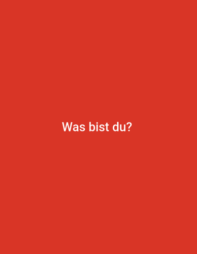 The image is a plain red background with white text in the center. The text reads "Was bist du?", which is German for "What are you?". There are no other subjects, objects, or activities depicted. The setting is not identifiable beyond the red background. The time of day, weather, and location cues are not provided. The overall emotion conveyed is neutral, due to the lack of context and visual information. The only notable detail is the German phrase "Was bist du?".