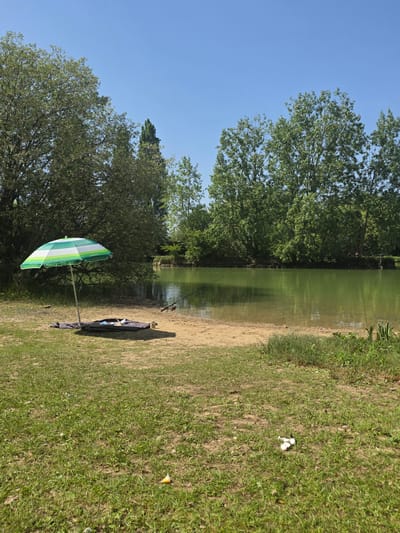The image depicts a lakeside scene in Epping Forest, United Kingdom. The lake's edge transitions from sandy bank to grassy terrain. A fishing rod is set up near the water. On the grass, a striped green and white umbrella stands, along with a dark-colored object, possibly a bag or blanket. Discarded white waste lies on the grass. Trees line the lakeside, and the sky is clear blue.