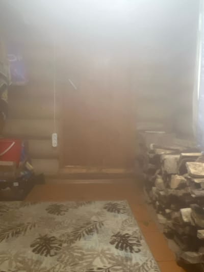 The image displays an indoor scene in the city of Пугачёво, Russia, characterized by significant atmospheric haze, likely steam or fog, which diffuses light and obscures fine details. The room features light-colored wooden log walls, visible particularly on the left. A rectangular rug with a pattern of dark, stylized leaves on a light background covers the floor in the foreground. In the mid-ground, a plain light brown wooden door is centered. To the left of the door, a white power strip with multiple outlets is suspended from the log wall by a visible white cable. On the floor in the left foreground, a red bucket and a blue bag are discernible, with a yellow or beige garment partially visible above them. Against the right wall, a substantial stack of cut firewood or timber is neatly arranged. No individuals, explicit actions, or interactions are visible within the scene.
