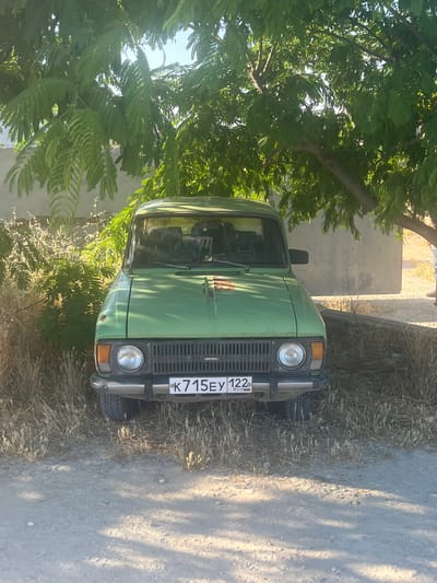 A green Moskvitch car is parked on a dirt road under a tree with lush green foliage. The car, facing the camera, has a license plate that reads "K 715 EY 122 RUS." The car appears weathered, with rust spots on the hood and a slightly faded paint job. Dry grass and weeds surround the vehicle. In the background, a light-colored wall and more vegetation are visible. The scene is bathed in bright sunlight, casting dappled shadows from the tree onto the ground. There are no people clearly visible in the immediate vicinity of the car, though a sliver of a person wearing light-colored shorts and shoes can be seen to the right, partially obscured by the tree. The location is identified as Balaklavsky District, Ukraine.