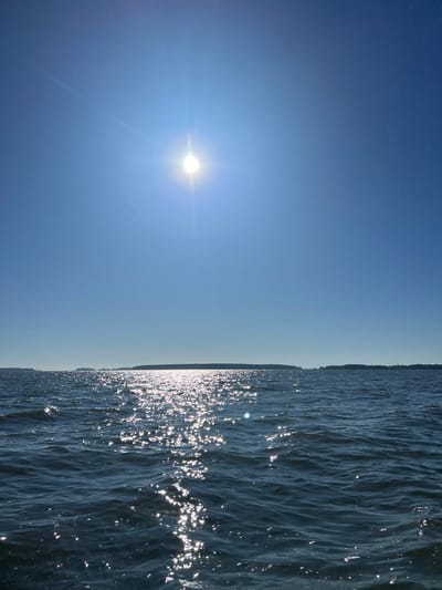The image depicts a bright, sunny day over a body of water, likely a lake or sea, with a faint landmass on the horizon. The sun is high in the clear blue sky, creating a strong glare on the rippling water's surface. The water itself is dark blue and appears choppy. The horizon is marked by a dark, silhouetted line of trees or land. No people, structures, or any signs of urban environment are visible. The scene suggests a natural, open-air setting. The location is not specifically identifiable as Novopichugovo, Russia, from the visual information provided.