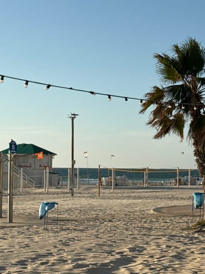 The image shows a beach scene taken at the southern end of the beach in Rishon LeTsiyon, Israel. It is late afternoon as the sun casts long shadows. A palm tree stands in the foreground with the beach stretching out in front of it. A volleyball net is set up in the distance with a few people playing on the sand. A white building is to the left of the frame, with a sign that says "5" on a blue background. The beach is covered in fine white sand. The water is calm and blue with a few whitecaps. The sky is a clear blue with the sun low in the sky. An overhead wire with lights runs diagonally across the top of the picture.