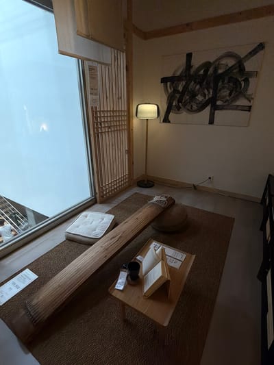 The image depicts an indoor scene, likely within a retail or exhibition space in Goyang-si, South Korea, given the presence of a product tag with Korean text. The room features a large window on the left, with a translucent white covering and wooden interior shutters. A person in a striped shirt is partially visible outside the window.
Dominating the foreground is a large, long, wooden musical instrument, possibly a gayageum, laid horizontally on a textured brown rug. To its left, a white cushioned mat rests on the rug. A small, light-colored wooden table is situated to the right of the instrument, holding an open book, a black mug, and some paperwork.
In the background, a floor lamp with a light-colored rectangular shade stands to the left. On the wall behind the lamp, an abstract painting with black and white brushstrokes is displayed. The wall itself is a neutral color, and an electrical outlet with cords is visible near the baseboard. To the far right, a dark shelving unit is partially visible. The overall lighting is dim, with the exception of the lamp and the light from the window.