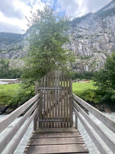 The image depicts a wooden bridge with a closed gate in the foreground, spanning a fast-flowing, milky-colored river. The bridge has wooden railings and mesh wire on the sides. Beyond the bridge, a lush green meadow is visible, dotted with trees and a few buildings. In the background, a towering, sheer rock face dominates the landscape, with a dense forest at its base. The sky is partly cloudy with patches of blue. The scene is set in Wengen, Switzerland. No people are visible in the image.