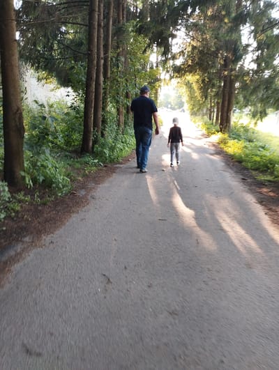 In Kingisepp, Russia, on a paved road bordered by a dense row of trees on the left and sparse trees and vegetation on the right, an adult male wearing a dark blue t-shirt, blue jeans, and a dark blue baseball cap, and a child wearing a dark long-sleeved shirt and light-colored pants, walk away from the camera down the road. The adult male is to the left and slightly ahead of the child. Sunlight filters through the trees, casting dappled shadows on the road. The environment appears to be a rural or suburban area, possibly a park or a road leading out of town.