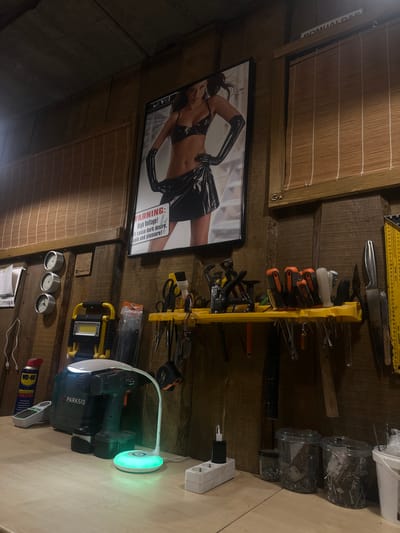 This is a candid, eye-level, medium shot of a workshop or garage space, illuminated by artificial light, with the camera angled slightly upwards and to the right. The room appears to be constructed from rustic wooden planks, giving it a distinctly workshop-like atmosphere.
Dominating the left side of the frame is a framed poster of a person wearing a black latex outfit, with text that reads "WARNING: High Voltage! I cause dark desire, pain and pleasure!". To the left of the poster, a slatted wooden blind hangs against the wall. The right side of the image showcases a collection of tools and equipment. A yellow tool organizer holds various items, including clamps, pliers, and scissors. Above this organizer, a metal ruler is attached to the wooden wall. Below the tool organizer, a yellow work light sits on a shelf.
Further to the right, on a wooden workbench, sits a power tool, possibly a drill, with a green and black casing that has the brand name "PARKSID" clearly visible. Next to it, a white desk lamp with a circular LED light source glows with a green hue. A white electrical outlet strip is plugged into the wall, with a black adapter inserted.
The overall impression is one of a functional workspace, possibly a garage or a dedicated DIY area. There are no people visible in the image, but the presence of tools, a poster, and various containers suggests it's a space used for work or hobbies. The lighting appears to be artificial, and the time of day is indeterminate. Several lines of text are visible, including the brand names "PARKSID" and "WD-40", the warning on the poster, and markings on the ruler. The context indicates the location is Lapės, Lithuania.