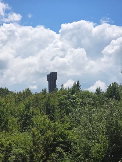 In Vladaya, Bulgaria, a towering concrete monument stands partially obscured by a dense forest. The monument, a dark gray structure with a tiered design, features a shield-like emblem on its upper section. The sky above is a vibrant blue, dotted with fluffy white clouds. The surrounding environment is lush green foliage, indicative of a temperate climate.