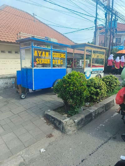 The image shows two street food carts parked side-by-side on a sidewalk in Purwakarta, Indonesia (latitude: -6.547, longitude: 107.442). The cart on the left is blue and has the words "Ayam Goreng Serun Deng" written in yellow on its front. The cart on the right is yellow and has the word "Martabak" written in yellow on its front. There are multiple power lines above the street. There are four people wearing hijabs walking away from the camera on the right side of the image. The sidewalk is made of gray concrete tiles and the street is made of asphalt. There is a green bush between the sidewalk and the street.