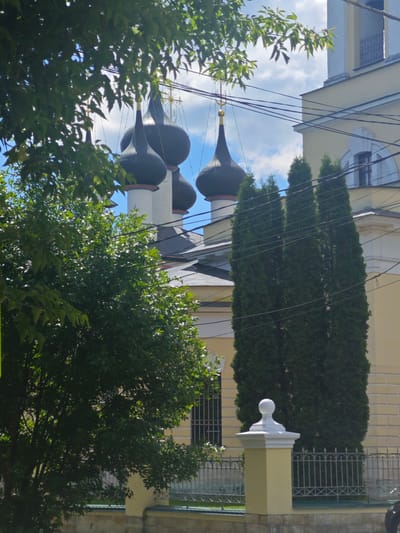 The image captures a view of the Holy Trinity Church in Chekhov, Russia. The foreground features lush green trees with dappled sunlight filtering through their leaves. Behind the trees, the distinct black onion domes of the church are visible against a bright blue sky with scattered white clouds. The domes are topped with golden crosses. To the right of the domes, a tall, light yellow building, likely part of the church complex, is partially visible. Several dark electrical wires crisscross the sky in front of the church structure. In the middle ground, a row of tall, slender green trees stands in front of the building. A low, yellow-capped fence with a decorative metal railing runs along the front of the property, with a white decorative post positioned at the right. The overall scene depicts a serene religious site on a sunny day.