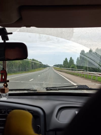 The image is a point-of-view shot from inside a vehicle, looking forward through the windshield. The windshield is dirty and has streaks on it. The view shows a two-lane highway with a metal guardrail on the right side. Trees line the left side of the road, and a few trees are visible on the right, beyond the guardrail. The sky is overcast. A rearview mirror is visible hanging from the top of the windshield on the left side. Below the windshield, the dashboard of the car is visible, with some controls and a yellow object, possibly a seat cover or a stuffed toy. A car is visible in the distance on the highway.
The description of the location in the city of Ленинск, Russia, is not provided in the image.