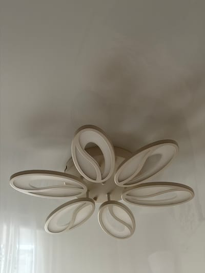The image shows a modern, white, multi-petaled ceiling light fixture mounted on a white ceiling. The light fixture has a floral or abstract design with several curved, oval-shaped elements that emit a soft, diffused light. The fixture is centrally located in the frame, and the ceiling extends upwards and to the sides. There are no people or other objects visible in the image. The lighting is even, suggesting an indoor environment with ambient light. There is no information about the city of Semiluki, Russia present in the image.
