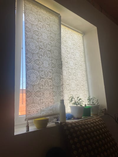 This is a medium shot, eye-level, indoor photograph taken from a slight downward angle of a windowsill in Kisliakovskaya, Russia. The windowsill is cluttered with various items. Two decorative roller blinds with a white mandala-like pattern cover the window. To the left, a beaded pull chain hangs down. On the windowsill, from left to right, there is a small brown bottle with a white spray nozzle, a yellow bowl, a white water bottle, a ball of blue yarn, a small green cactus in a pot, two potted plants with green leaves in white pots, and a mug with a colorful butterfly pattern. A brown and beige diamond-patterned pillow is prominently placed in the foreground, partially obscuring the windowsill. The lighting suggests it is daytime, with sunlight filtering through the blinds. The environment appears to be a domestic setting.