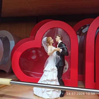 In Modugno, Italy, a wedding cake topper depicts a bride and groom in a dancing pose. The bride wears a white gown with ruffles and a veil, while the groom is in a black suit. They stand in front of several large, heart-shaped red boxes, which appear to be gift boxes. The background consists of wooden shelves. A metallic bar with a cream-colored handle is visible in the foreground, running horizontally across the image. The scene is captured in a retail or display setting, possibly a shop. A timestamp "24.07.2026 10:59" is overlaid on the bottom right corner of the image.