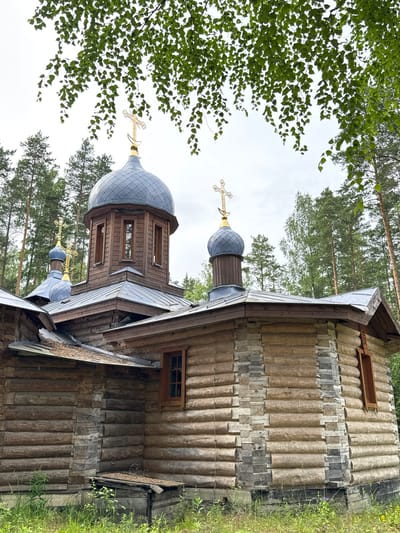 This is a medium-shot, eye-level, outdoor photograph of a wooden Orthodox church in Nenyamyaki, Russia. The church is constructed from horizontal logs with a visible chinking material between them. The structure features multiple domes with crosses on top, and several windows with dark wooden frames. In the foreground, there is green grass and vegetation, and in the background, tall pine trees are visible under a cloudy sky. The overall scene is one of a rustic, traditional religious building set within a natural environment.
