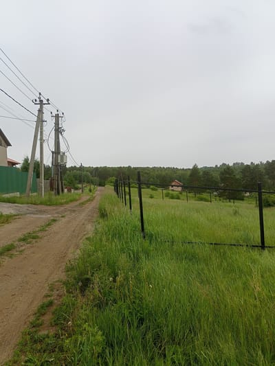 The image depicts a dirt road in a rural setting, likely a village or dacha community in Karluk, Russia. The road is flanked by tall green grass and a dark metal fence on the right side. On the left side of the road, a green metal fence and a house are partially visible. Further down the road, power lines and poles are prominent. In the background, a dense forest borders a field with a small wooden house nestled among the trees. The sky is overcast with a light gray hue.