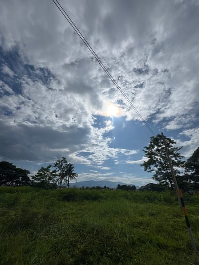 The image captures a view of a grassy field with trees and mountains in the background, under a cloudy sky. The sun is visible, peeking through the clouds, creating a bright effect in the upper center of the frame. Two parallel power lines stretch across the top of the image. In the foreground, a grassy field dominates the lower portion, with various types of green vegetation. Several trees are scattered across the landscape, including palm trees and deciduous trees. In the distance, mountains are visible on the horizon. The scene appears to be in an outdoor, rural or semi-rural setting. The location information "บ้านกาญจน์กนก 23, Thailand" suggests the image was taken in a residential area or a place with that name in Thailand. There are no people or animals visible in the image. The overall impression is one of a bright, cloudy day in a natural landscape.