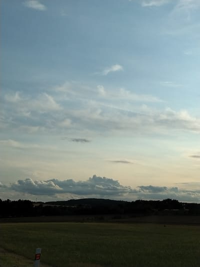The image captures a rural landscape under a partially cloudy sky. In the foreground, a field of green grass is visible, with a road marker post on the left. In the mid-ground, a dark line of trees forms a silhouetted horizon against a pale sky, with hints of undulating hills and structures beneath the trees. The sky above is a pale blue, with scattered white and gray clouds of varying sizes and densities. The overall lighting suggests it is either early morning or late afternoon. The scene is devoid of any people or animals. Based on the provided context, this scene is located in the vicinity of Dobev, Czechia.