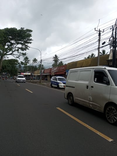 The image captures a street scene in the city of Vaatharawattai, Sri Lanka, under an overcast sky. In the immediate foreground, a dark asphalt road features two distinct solid yellow lines. A white utility van, appearing somewhat soiled on its lower body, occupies the right side of the frame, positioned parallel to the closest yellow line. Further down the road on the left, a white vehicle with blue markings, explicitly labeled "POLISI MILITER," is parked roadside. Beyond this, a white sedan is observed traveling toward the camera, followed by multiple motorcycles further in the distance. The left side of the road is lined with a series of low-rise commercial buildings or storefronts, displaying various signs, one prominently reading "SARI PATI." The buildings feature a mix of reddish-brown and yellowish-brown roof structures or awnings. Overhead, a dense entanglement of black electrical and communication wires spans across multiple utility poles. Abundant green foliage, including numerous palm trees and larger broadleaf trees, lines the street and extends into the background, hinting at distant hills or mountains. A single bird is visible in flight in the upper left quadrant of the uniformly grey sky.