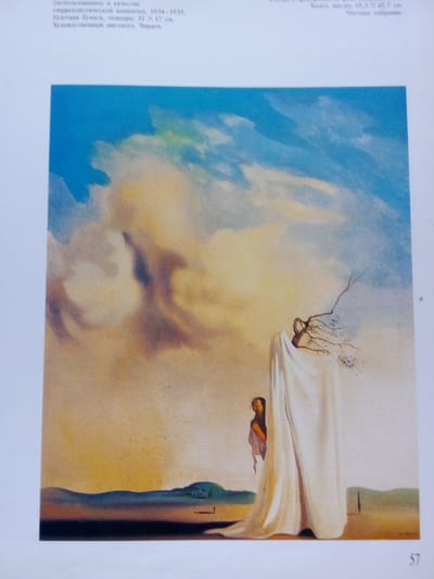 The image shows a painting by Salvador Dalí titled "The Persistence of Memory" or a similar surrealist artwork. The painting depicts a dreamlike landscape with melting clocks, a barren tree, and a distorted figure draped in fabric. The text at the top of the image provides information about the artwork, indicating it was created between 1934-1935 and measures 31 x 17 cm. The text also mentions that it is part of a "private collection." There is no indication of the painting's location in Zhmerynka, Ukraine. The number "57" is visible in the bottom right corner, likely a page number from a book or catalog.