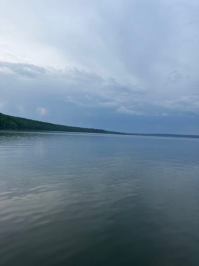 The image depicts a wide expanse of calm water, likely a lake or a large river, under an overcast sky. The water's surface is slightly rippled, reflecting the muted tones of the sky. Along the horizon, a dense, green treeline stretches across the landscape, indicating a forested shore. The sky is a mix of grays and blues, with clouds varying in thickness and opacity. There are no visible people, structures, or specific landmarks to identify the precise location beyond it being a natural water body bordered by forest. The scene is serene and undeveloped.