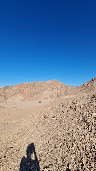 This image captures a vast and arid desert landscape under a clear, brilliant blue sky. The scene is dominated by a majestic, reddish-brown mountain range or series of cliffs rising prominently on the left side, exhibiting visible geological layers and rugged textures from erosion. At the base of these mountains, a lighter sandy track or dry riverbed carves a path through the terrain. To the right, the ground is covered in a coarse mix of small to medium-sized rocks and gravel.
In the bottom right corner, a distinct, dark shadow of a person, seemingly holding a camera or phone, is cast onto the rocky ground, indicating the presence of the photographer. A few sparse, small desert bushes are scattered across the sandy areas and near the base of the mountains, providing minimal greenery in the stark environment. The deep, uniform blue of the sky suggests a cloudless day and clear visibility.
The strong, sharp shadows indicate bright sunshine, suggesting it is likely mid-morning or early afternoon. The overall impression is one of natural grandeur and solitude in a desert setting. The location is Eilat, Israel, which aligns perfectly with the visual cues of a dry, mountainous desert environment. No other individuals or visible text are present in the frame.