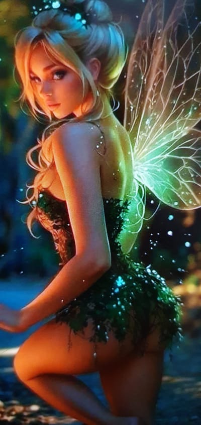 The image shows a stylized depiction of a fairy with blonde hair in a bun, wearing a green leafy dress. She has translucent, shimmering wings that glow with a green hue. The fairy is positioned in a dark, forested environment with glowing specks of light scattered throughout. The lighting suggests a magical or ethereal atmosphere, with warm orange tones illuminating the fairy's skin from the side and vibrant green light from her wings. There are no discernible urban elements or specific locations within Shurtang, Tajikistan, depicted in the image. The scene is purely fantastical and lacks any real-world context beyond its genre.