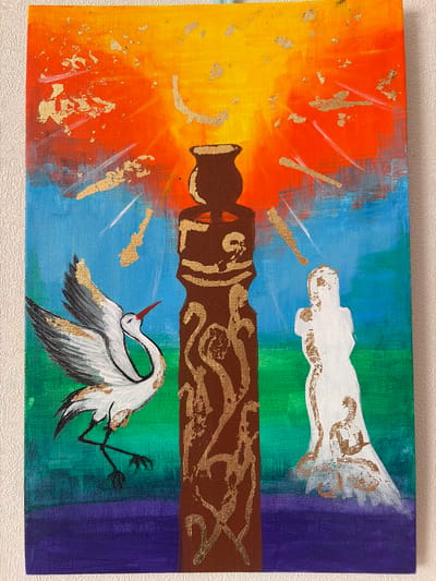 The image is a painting on canvas. In the center is a tall, dark brown, cylindrical object with intricate gold swirling patterns. On the left is a white bird with black wingtips, a red beak, and gold accents on its wings, appearing to be in mid-flight. To the right of the central object is a white, silhouetted figure of a person in a long robe, also with gold accents. The background is divided into horizontal bands of color: bright yellow and orange at the top, transitioning to bright blue, then green, and finally a deep purple at the bottom. Gold flecks are scattered throughout the upper part of the painting, suggesting light or energy. The painting does not depict a specific location in the city of Мяндиги, Russia, or any recognizable urban or natural setting. It is an abstract or symbolic composition.
