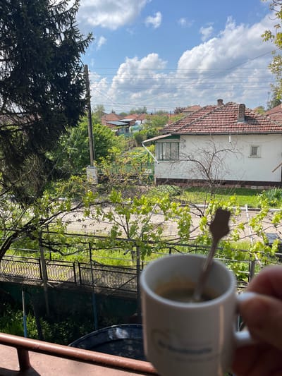 The image shows a view from a balcony, likely in a residential area of Levski, Bulgaria. A white mug with a spoon inside is held in the foreground, partially obscuring the view. The background reveals a neighborhood scene with houses featuring red-tiled roofs. A white, two-story building with a window is visible, surrounded by trees and greenery. A paved path or road leads through the trees. Power lines stretch across the sky, which is partly cloudy. A trampoline is visible on the balcony. The overall impression is a casual, domestic scene.