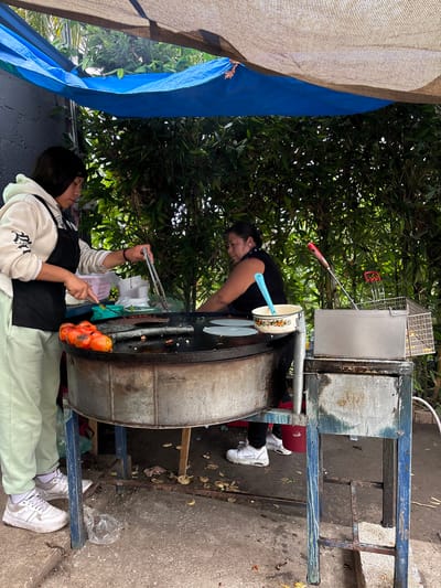 At an outdoor food stall in San Juan Cuautlancingo, Mexico, two women are preparing food. The woman on the left, wearing a white hoodie, black apron, and light green pants, is using tongs to handle food on a large, circular griddle. Several tomatoes are visible on the left side of the griddle. The woman on the right, wearing a dark sleeveless top, is seated and appears to be working with food on the same griddle.
The stall is covered by a blue tarp and a tan mesh fabric, creating a shaded area. Behind the stall, dense green foliage, likely bamboo, forms a natural backdrop. To the right of the griddle, a metal deep fryer sits atop a blue metal stand. The ground is a dirt or gravel surface, with scattered debris and fallen leaves. The overall scene depicts a busy food preparation area in an outdoor setting.