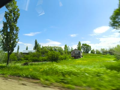 The image depicts a pastoral scene viewed from a moving vehicle, likely along a rural road in the vicinity of Apnagyugh, Armenia. The foreground is dominated by a blurred expanse of lush green grass, speckled with small white and yellow wildflowers, indicating a natural meadow or field in bloom. The motion blur suggests the photograph was taken at speed.
Beyond the meadow, a dense line of green trees and foliage forms a verdant backdrop, creating a natural boundary. Nestled within this greenery are several structures. To the left, a portion of a building with a light-colored roof and dark walls is visible, partially obscured by trees. To the right, a more prominent, two-story building with a dark roof and light-colored walls stands out. This building features several white-paned windows. A yellow structure, possibly a fence or railing, is visible near this building.
Further into the background, more trees are scattered across the landscape, with a bright blue sky above. The sky is dotted with wispy white clouds. Reflections of the vehicle's interior, such as the dashboard or windshield, are faintly visible on the glass through which the scene is captured. The overall impression is one of a bright, sunny day in a rural Armenian setting. There are no people or animals directly visible in the image.
