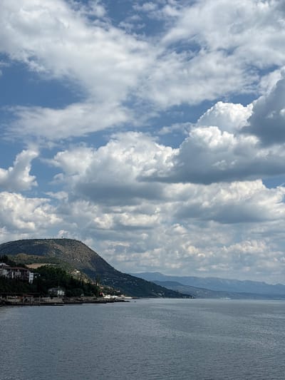 The image depicts a coastal scene with a body of water in the foreground, and a forested hillside with buildings and structures overlooking the water in the background. The sky is filled with a variety of clouds, ranging from wispy cirrus to larger cumulus formations. The water is a deep blue-grey, with small ripples on its surface. The hillside is covered in dense green foliage, with several buildings of various sizes and architectural styles scattered amongst the trees. Some of the buildings appear to be residential, while others might be more institutional. At the summit of the hill, there are several telecommunication towers. Further in the distance, a range of hazy mountains can be seen. The overall impression is one of a settled coastal community, possibly a resort or a town, integrated with the natural landscape.
