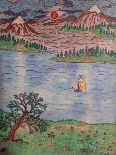 This is a colored pencil and watercolor drawing depicting a mountainous landscape with a body of water. In the foreground, a grassy field is dotted with various colorful flowers, including red, pink, blue, and yellow blooms. A gnarled tree with green foliage stands on the left side of the field. The middle ground features a wide expanse of water with gentle waves, and a small sailboat with a yellow sail and a red flag is visible in the center. The background shows a hilly terrain with a line of evergreen trees. Further back, two snow-capped mountains rise, with a reddish-orange sun partially obscured by dark, cloudy skies. The drawing style is rudimentary, with bold outlines and vivid colors. There is no identifiable location in the city of Semey, Kazakhstan, depicted in this artwork.
