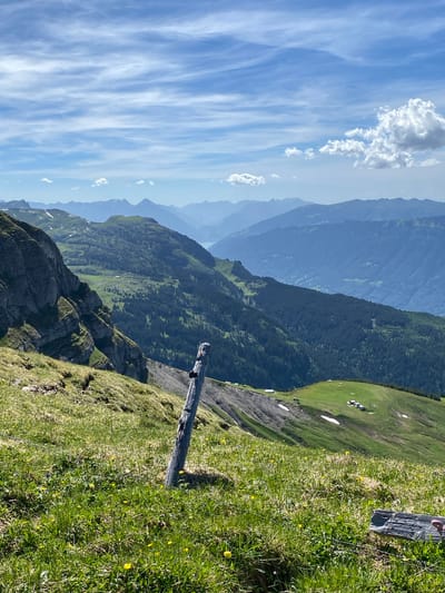 This is a landscape photograph taken in Axalp, Switzerland, on a sunny day with scattered clouds. The foreground is a grassy slope dotted with yellow wildflowers and a weathered wooden fence post. In the middle ground, a steep, rocky cliff face descends to a verdant valley with scattered buildings and dense pine forests. Further in the distance, a series of layered mountain ranges recede into a hazy blue horizon, with a body of water visible between two of the furthest ranges. The sky is a bright blue with thin, wispy white clouds.