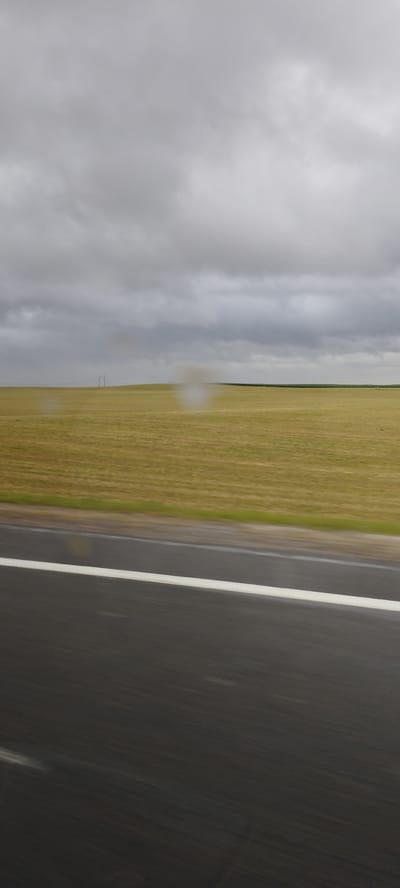 An outdoor, vertical, eye-level, full shot captures a grey, cloudy sky above a wide, yellow, grassy field with a thin, dark line of trees in the distance and a blurred, dark asphalt road in the foreground with a white line. Two sets of power lines are visible in the distance, and faint smudges are present on the lens. The image appears to have been taken while in motion, suggesting it was captured from a vehicle. The location is identified as Верцялішкаўскі сельскі Савет, Belarus.