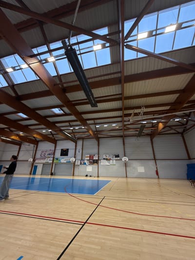 This image captures the interior of a large sports gymnasium in Sennecey-le-Grand, France. The facility features a light-toned wooden floor with a central blue-painted court marked with red and black lines for various sports. The high ceiling consists of exposed wooden trusses, corrugated metal panels, and numerous rectangular skylights. Multiple artificial light fixtures and two long, black, grille-covered radiant heaters are suspended from the ceiling. The perimeter walls are light-colored, with corrugated metal paneling on the upper sections, displaying various banners, advertisements, and a digital scoreboard indicating "16:29." Several basketball backboards and hoops are mounted along the walls. A large gray roll-up door is centered on the far wall. On the left side of the court, a male individual, dressed in a dark long-sleeved top and light-colored trousers, stands facing partially away from the camera, holding a white object with both hands. In the far right background, a brown and white dog is partially visible near blue safety padding, and a red fire extinguisher is mounted on the wall. A pair of dark shoes are visible on the floor near the far wall.
