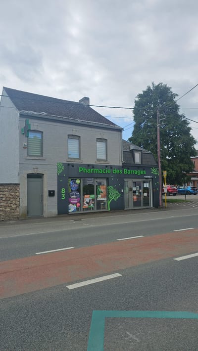 A grey brick building with a dark grey facade houses "Pharmacie des Barrages" in Boussu-lez-Walcourt, Belgium. The pharmacy features large glass windows displaying various products and posters. A green cross, a common symbol for pharmacies, is mounted on the upper left corner of the building. The building is situated on a street with a red and white striped lane marking, suggesting a designated area for traffic or cycling. In the background, a large green tree and parked cars are visible. The sky is overcast.