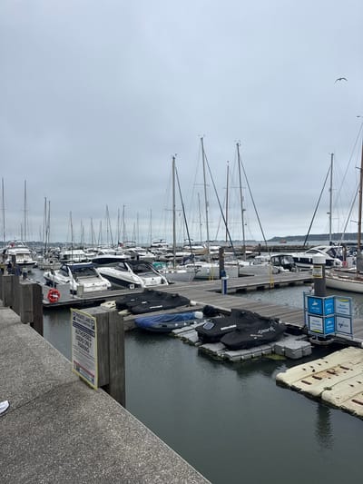 This media file captures a marina filled with sailboats and motorboats docked in a body of water. The boats are lined up along a wooden pier. In the foreground, on the pier, are several pieces of equipment, including black covers with "spark" and "SEN400" branding, and some grey floating platforms. A yellow sign is visible on a wooden beam, with text indicating "PRIVATE LAND," "TERMS & CONDITIONS," and "AUTHORISED USERS ONLY PARKING." Further down the pier, there are blue boxes with text related to "Jet Ski CLUB" and "Boat TRAINING." A single bird is visible flying in the overcast sky. The weather appears to be cloudy and the overall mood is calm, suggesting a typical day at a marina. The location context is Poole, United Kingdom, which aligns with the presence of a marina. There are no prominent human figures actively engaged in an event, though a pair of white shoes suggests a person is present just out of frame or observing. The scene is dominated by the vessels and the marine infrastructure.