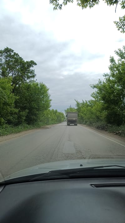 The image, captured from the interior of a vehicle, displays a forward-facing view of a paved road. The road surface shows signs of wear, including cracks and tire marks, and is flanked on both sides by dense green trees and foliage, suggesting a rural or semi-rural environment. Ahead, a dark-colored truck is seen driving in the same direction. Behind the truck, a tall utility pole or similar structure is visible against the sky. The sky is largely overcast, indicating cloudy daytime weather. On the right side of the frame, a portion of the vehicle's interior is visible, including what appears to be a dashboard or door panel with an air vent. There are no people visible. The context for this location is Staraya Kupavna, Russia.