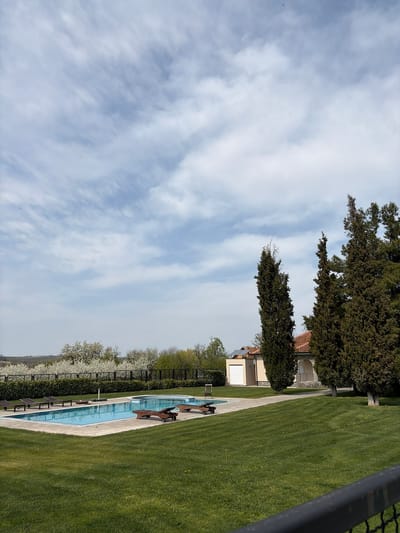 The image shows a landscape view in Topola Municipality, Serbia. In the foreground, a swimming pool with lounge chairs beside it is surrounded by a well-maintained lawn. A building is partially visible beyond the pool and lawn. Trees line the top of the image, and the sky is filled with clouds.
