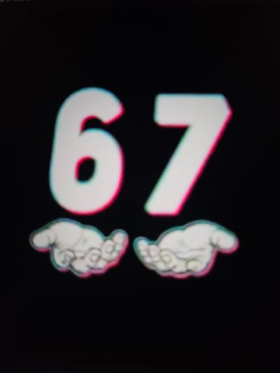 The image displays the number 67 prominently in the center, rendered in a large, white, stylized font with a glitch effect that creates colored outlines in red and cyan. Below the numbers, there are two cartoonish drawings of open hands, one on the left and one on the right, also with a similar glitch effect. The background is entirely black. There is no indication of the city of Versailles, France, or any specific location within it. The image appears to be a digital graphic or a photograph of a screen displaying such a graphic.