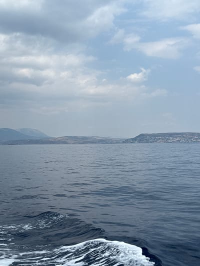 The image depicts a view of the sea from a moving boat. The water is dark blue and rippled, with white foam trailing from the boat's wake in the foreground. In the distance, a hazy coastline is visible with rolling hills and some scattered buildings. The sky above is overcast with grey and white clouds, suggesting a diffused light. The scene captures a sense of travel and a coastal landscape. It is likely taken near Saronida Municipal Unit, Greece, given the characteristic coastal topography and vegetation. There are no people or specific animals visible in the frame.