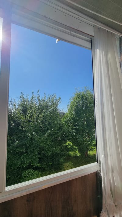 A clear, bright, sunny day is viewed through a window looking out onto lush green trees. The sky is a vibrant, cloudless blue. To the right of the frame, a sheer white curtain hangs, partially obscuring the view. The window frame is white, and below the window, a wooden paneling is visible. The scene depicts an outdoor environment, likely a residential area, given the presence of trees and the window with a curtain. The sun is shining brightly on the left side of the image, casting a lens flare.
