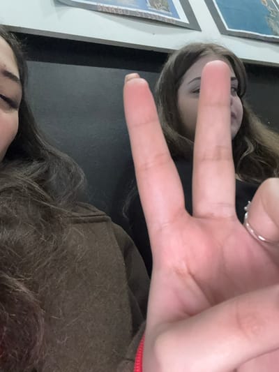 The image captures a close-up, indoor scene featuring two individuals. In the foreground, a left hand, likely belonging to the person on the right, is raised with the index and middle fingers extended in a "peace" or "victory" gesture, palm facing the camera. A silver ring is visible on the ring finger of this hand. The hand partially obscures the faces of both subjects.
The individual on the left has dark, wavy hair and is wearing a brown garment; only the left side of their face, including an eye, is visible. The individual on the right has brown hair, and only the right side of their face, including one eye, is visible. They appear to be wearing a dark top.
The background consists of a dark, uniform surface, possibly a wall or partition, topped by a lighter-colored wall. Mounted on the lighter wall are two framed prints; the left print shows partially legible text, including "BAMBO SISSOMO," and the right print features blue-toned imagery. The scene takes place indoors; while the city is Albi, France, the specific location within the city cannot be determined from the visual evidence.