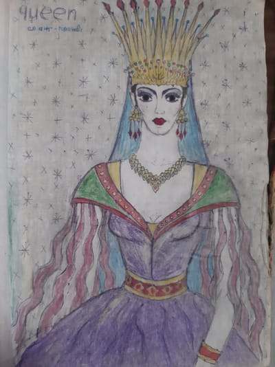 The media file is a drawing of a queen, likely a stylized depiction. The queen is shown from the chest up, facing forward with her head tilted slightly to her left. She wears an elaborate golden crown adorned with colorful gems and what appear to be red teardrop-shaped ornaments. Her hair is blue, flowing from beneath the crown. She has striking blue eyes with dark pupils and defined eyebrows, and her lips are painted red. A detailed, multi-layered necklace, also featuring colorful geometric shapes, adorns her neck.
Her attire is a purple dress with intricate detailing. The neckline is trimmed with yellow and green fabric, bordered by a row of red circles. The sleeves are wide and flowing, with sections of blue and wavy patterns in pink and red. The background is a light gray with a repeating pattern of small blue crosses and star-like shapes, suggesting a decorative or celestial motif.
In the bottom left corner, the word "queen" is written vertically in large, stylized blue letters. Below that, in smaller, cursive text, is "an art - Tupobay". This indicates that the drawing is a piece of art created by someone named Tupobay.
The drawing appears to be done with colored pencils or crayons. The overall mood is regal and perhaps a bit whimsical due to the stylized nature of the drawing and the decorative background. No specific time of day, weather, or precise location cues are present beyond the artist's signature and the subject of the drawing. The location context of Semey, Kazakhstan, is provided externally.