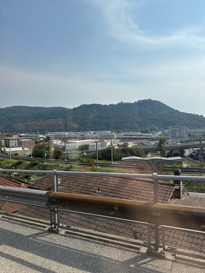 The image depicts a panoramic view of an industrial area and a forested hill under a clear, lightly clouded sky. In the foreground, a metal guardrail with a rusty section runs horizontally across the frame, casting shadows on a textured paved surface. Below the guardrail, red-tiled rooftops of buildings are visible.

The middle ground features a complex of industrial buildings and infrastructure. A set of railway tracks runs from the left towards the center. Several low-rise industrial structures with light-colored facades and dark roofs are scattered throughout the area. A multi-lane overpass with cars on it spans across the railway lines and industrial buildings.

In the background, a large, densely forested hill dominates the landscape. The hill appears to be a significant natural feature within or bordering the urban environment. The sky above is a pale blue, with wispy white clouds. The scene is brightly lit, suggesting it was taken during daylight hours. The overall impression is one of an industrial zone situated at the edge of a natural, hilly terrain.